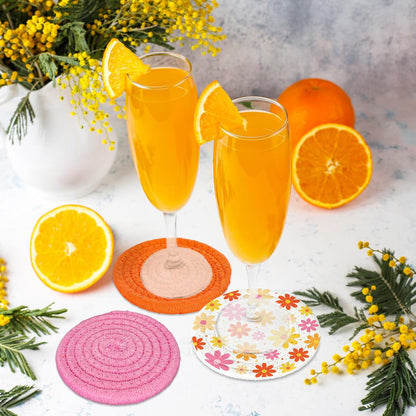 FYSUIMU Boho Floral Cotton Coasters Daisy Flower Handmade Braided Drink Coasters Pink Orange Absorbent Cup Mats for Spring Party Home Office Table Decor Housewarming Gifts, Set of 4
