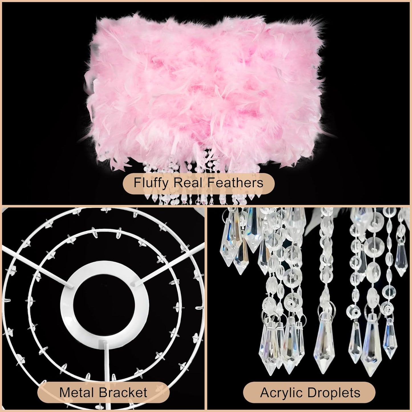 Feather Lamp Shade with Acrylic Beads Droplets, Soft Lampshade for Pendant, Table, Floor & Wall Lighting, Bedroom Wedding Decor, ID 11.8inch, OD 15.7inch, Pink