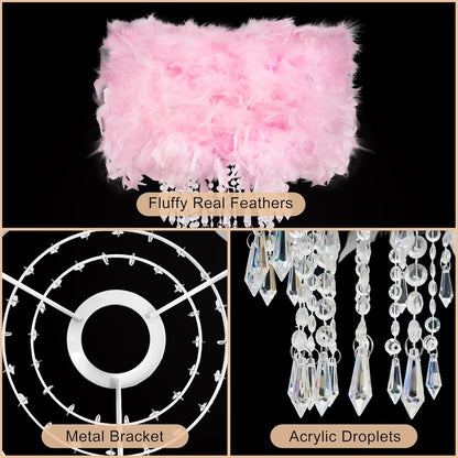 Feather Lamp Shade with Acrylic Beads Droplets, Soft Lampshade for Pendant, Table, Floor & Wall Lighting, Bedroom Wedding Decor, ID 11.8inch, OD 15.7inch, Pink
