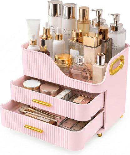 Booklov Countertop Makeup Organizer with Drawers, 3 Tier Large Cosmetic Storage Caddy for Vanity, Bathroom Counter, Dresser, Skincare Display Case for Lipsticks, Beauty Palettes, Teen Girl Gifts, Pink