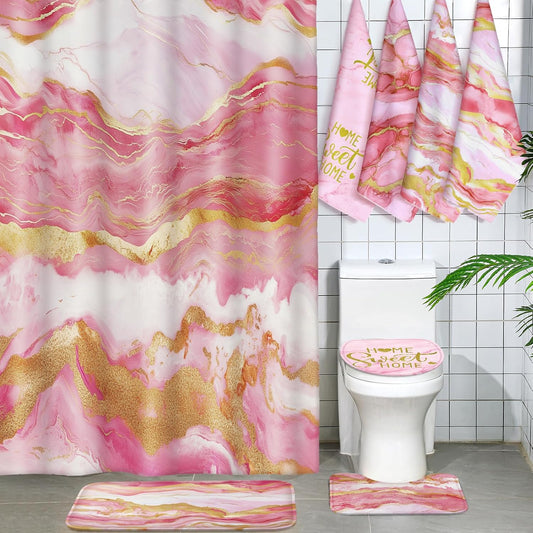 Honoson 8 Pcs Marble Bathroom Accessories Shower Curtain Set with Rugs and Kitchen Towels Modern Marble Farmhouse Bathroom Decor Floor mats for Farmhouse Country Spring Decor (Pink)