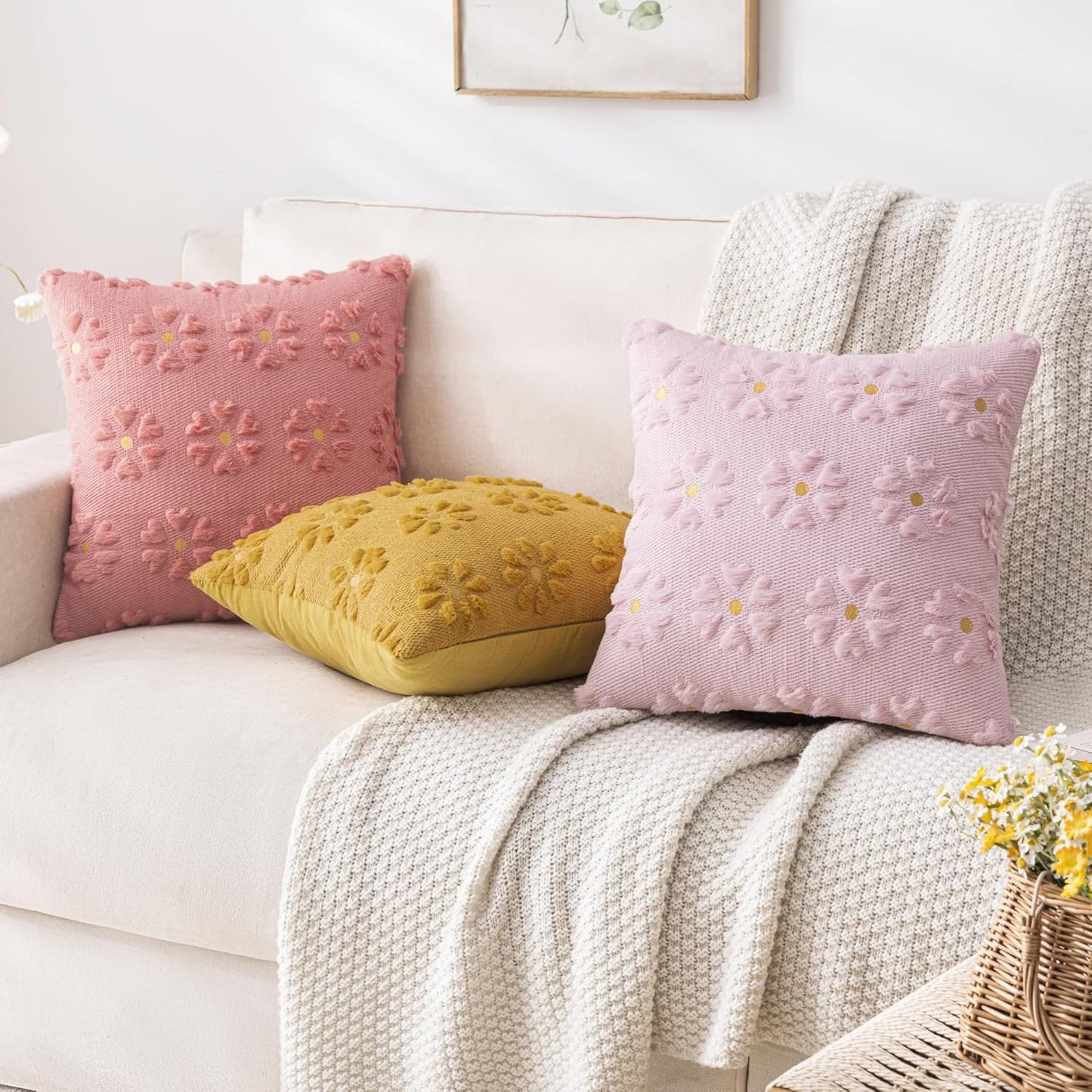 AQOTHES Spring Summer Pink Throw Pillow Covers 18x18 inch Set of 2 Flower Floral Faux Fur Cute Throw Pillows for Sofa Couch Living Room Decor