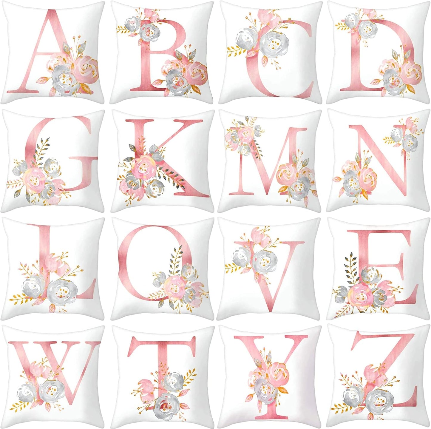Throw Pillow Covers Alphabet Decorative Pillow Cases ABC Letter Flowers Cushion Covers 18 x 18 Inch Square Pillow Protectors for Sofa Couch Bedroom Car Chair Home Decor (A)