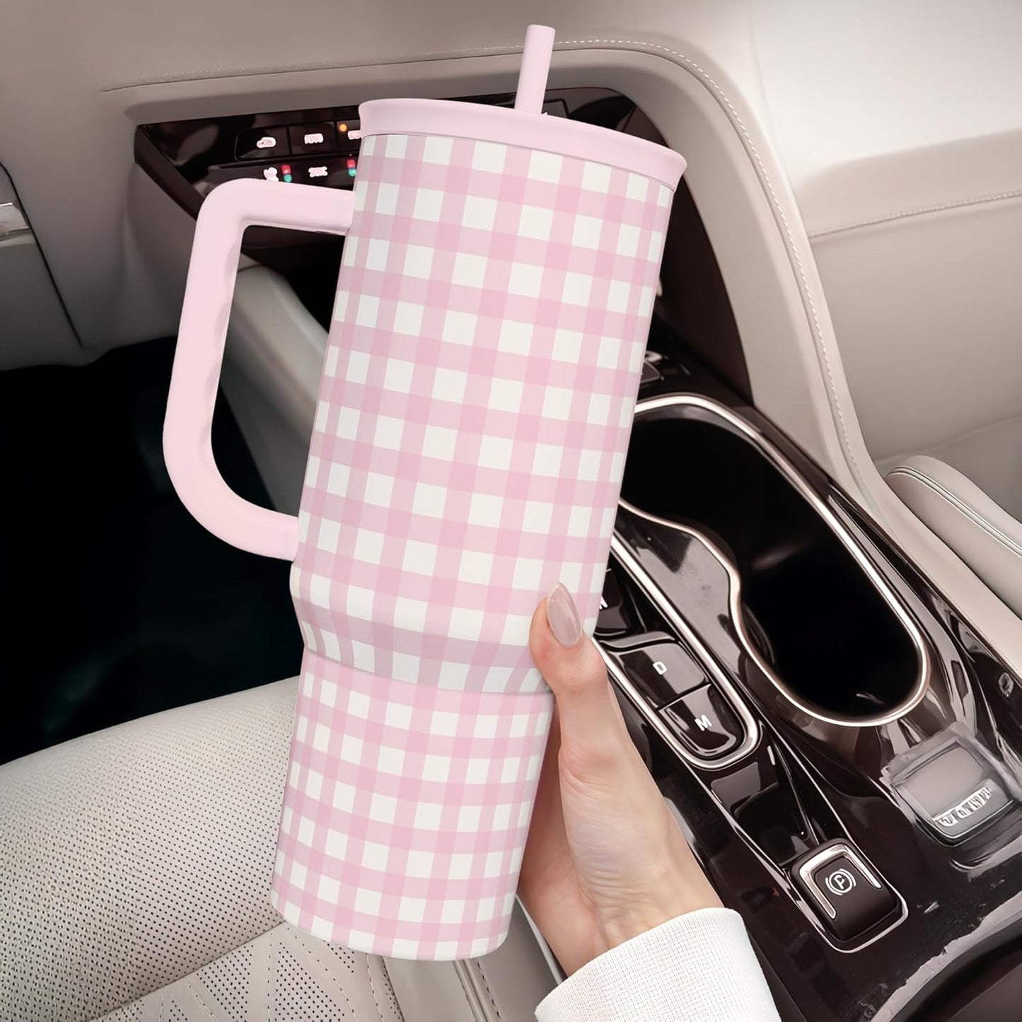 SANDJEST Pink Gingham 40oz Slider Tumbler with Handle and Straw - Insulated Stainless Steel Travel Coffee Mug for Women Girls, Gift for Birthday, Christmas