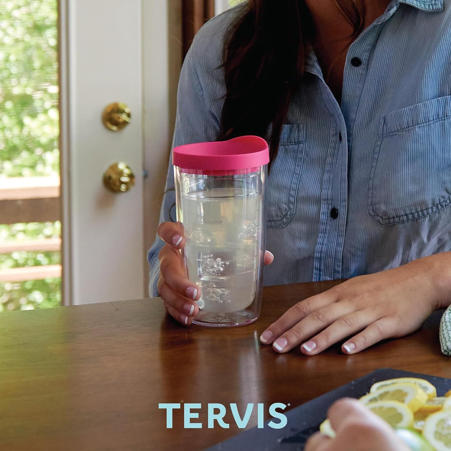 Tervis Clear & Colorful Lidded Made in USA Double Walled Insulated Tumbler Travel Cup Keeps Drinks Cold & Hot, 16oz, Pink Lid