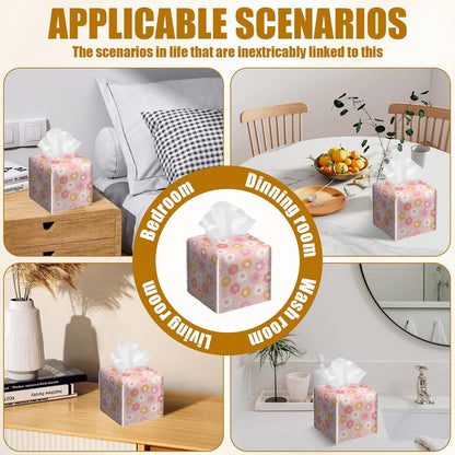 Retro Pink Flower Tissue Box Cover 2PCS, Leather Tissue Box Holder Square Facial Paper Case Tissue Box Cube Organizer for Bathroom Bedroom Desk Office