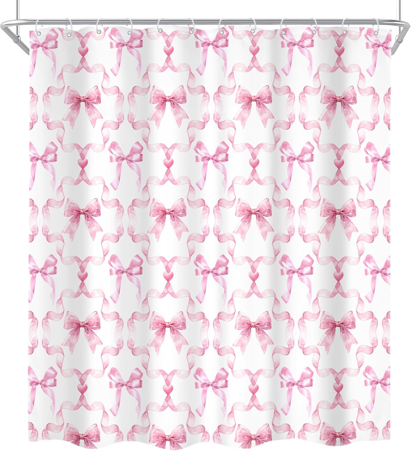 4Pcs Pink Bow Shower Curtain Set, Retro Coquette Preppy Modern Fashion Pretty Sweet Girly Bathroom Curtain with Rug, Toilet Lid Cover, Bath Mat, Aesthetic Shower Curtain with 12 Hooks