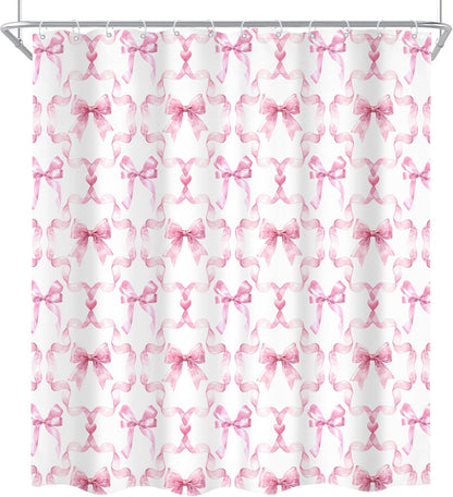 4Pcs Pink Bow Shower Curtain Set, Retro Coquette Preppy Modern Fashion Pretty Sweet Girly Bathroom Curtain with Rug, Toilet Lid Cover, Bath Mat, Aesthetic Shower Curtain with 12 Hooks