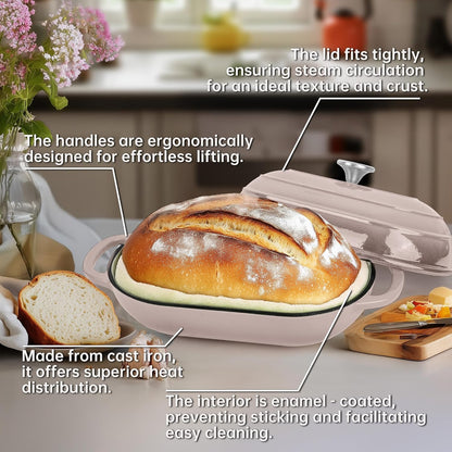 Premium Enameled Cast Iron Dutch Oven for Bread Baking | Non-Stick 2QT Oval Bread Oven with Lid | Perfect for Sourdough, Loaf, and Artisan Baking (Gradient Pink, 5 QT)