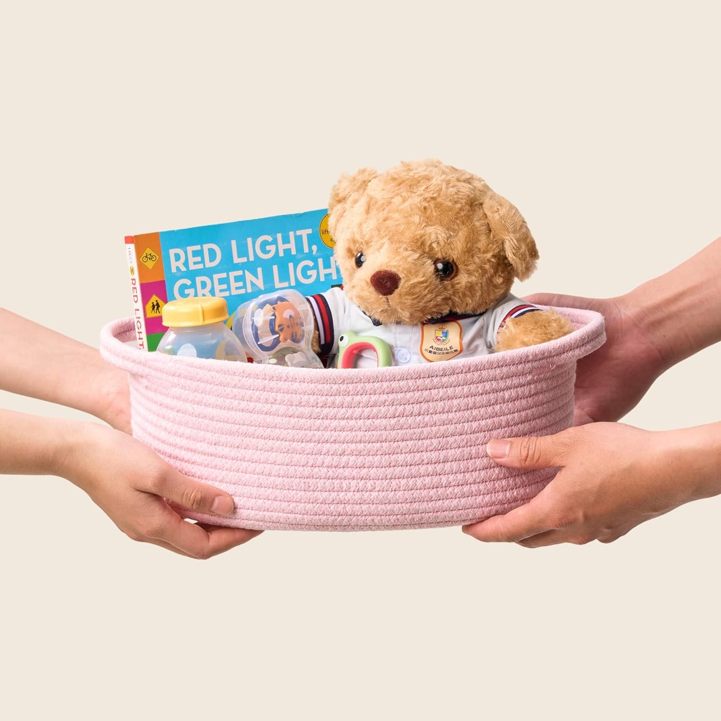 Small Woven Easter Basket with Gift Bag and Ribbon – Empty Burr Basket for Gifts, Baby Shower, & Birthdays – Decorative Rope Storage Organizer for Shelves, 12"x8"x5", Pink