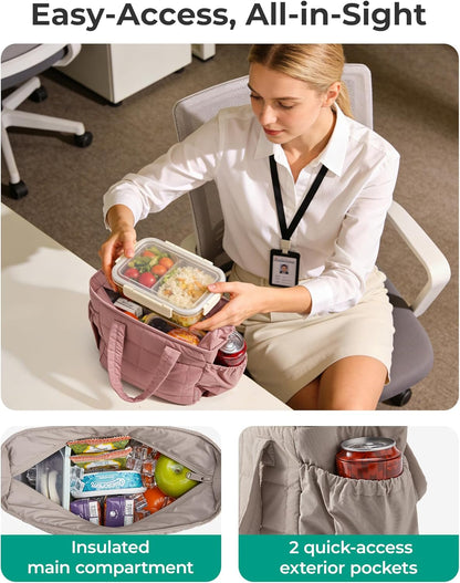 BAGSMART Lunch Bag for Women Small Cute Quilted Lunch Box Insulated Lightweight, Leakproof, Durable & Reusable Tote Bag for Work, Travel, Outdoor, Blush Pink