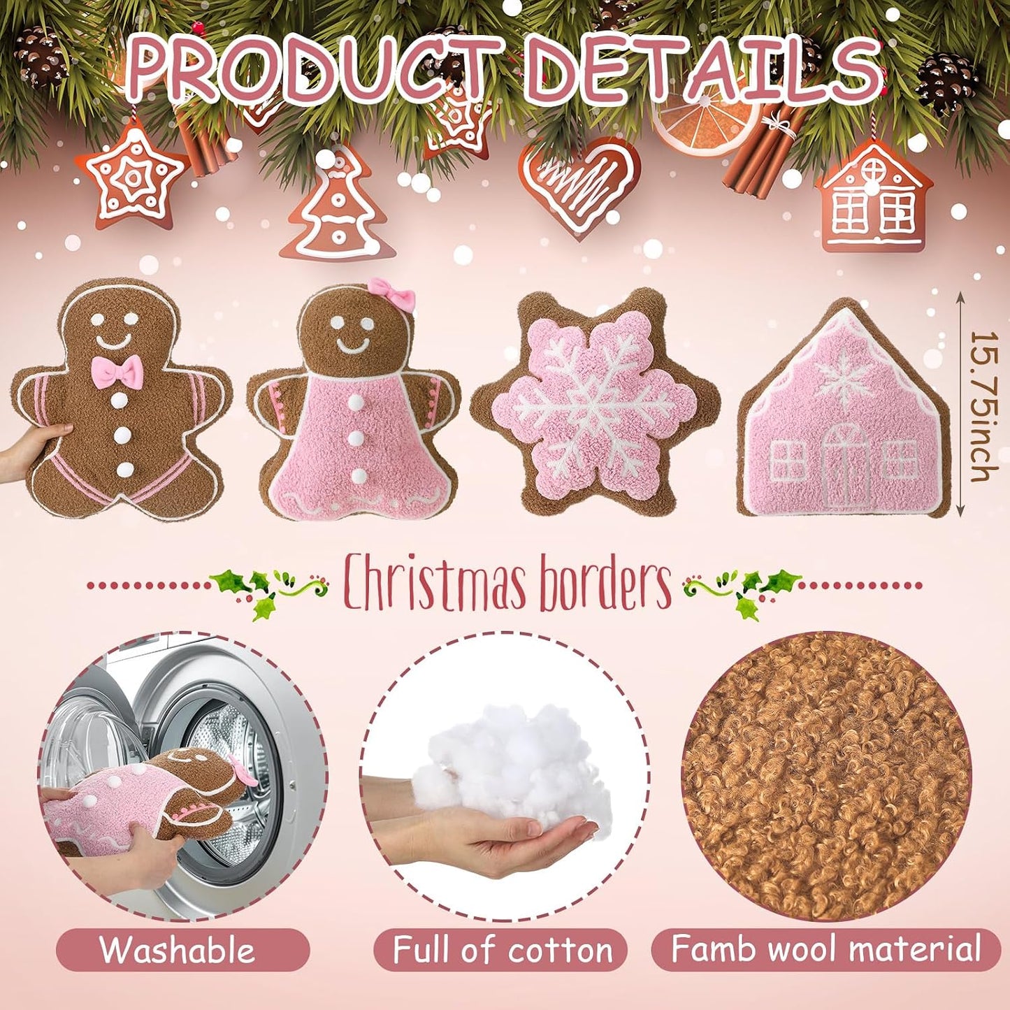 HunnmingRe 4 Pcs Christmas Throw Pillows Fall Football Plush Pillows Winter Holiday Cushion Soft Decorative Cushions for Couch Bedroom Living Room Thanksgiving Xmas Decor(Pink,Gingerbread)