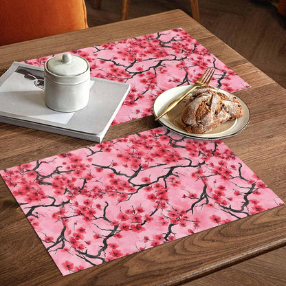 Chinese Flowers Placemats Set of 4, Washable PVC Kitchen Table Mats Place Mats, Spring Pink Peach Blossoms Floral Woven Vinyl Placemat for Dining Table, 13" x 19"