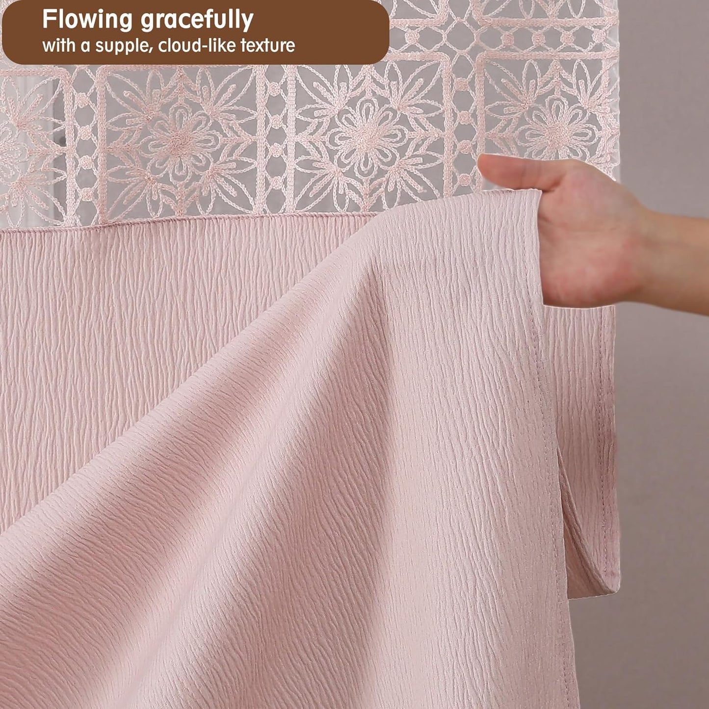 OVZME Blush Pink Boho Shower Curtain 72 Inch Long for Bathroom, Heavy Weighted Textured Crinkle Fabric Shower Curtains with Embroidery Cutwork, Machine Washable Elegant Luxury Bath Curtain, 72Wx72L