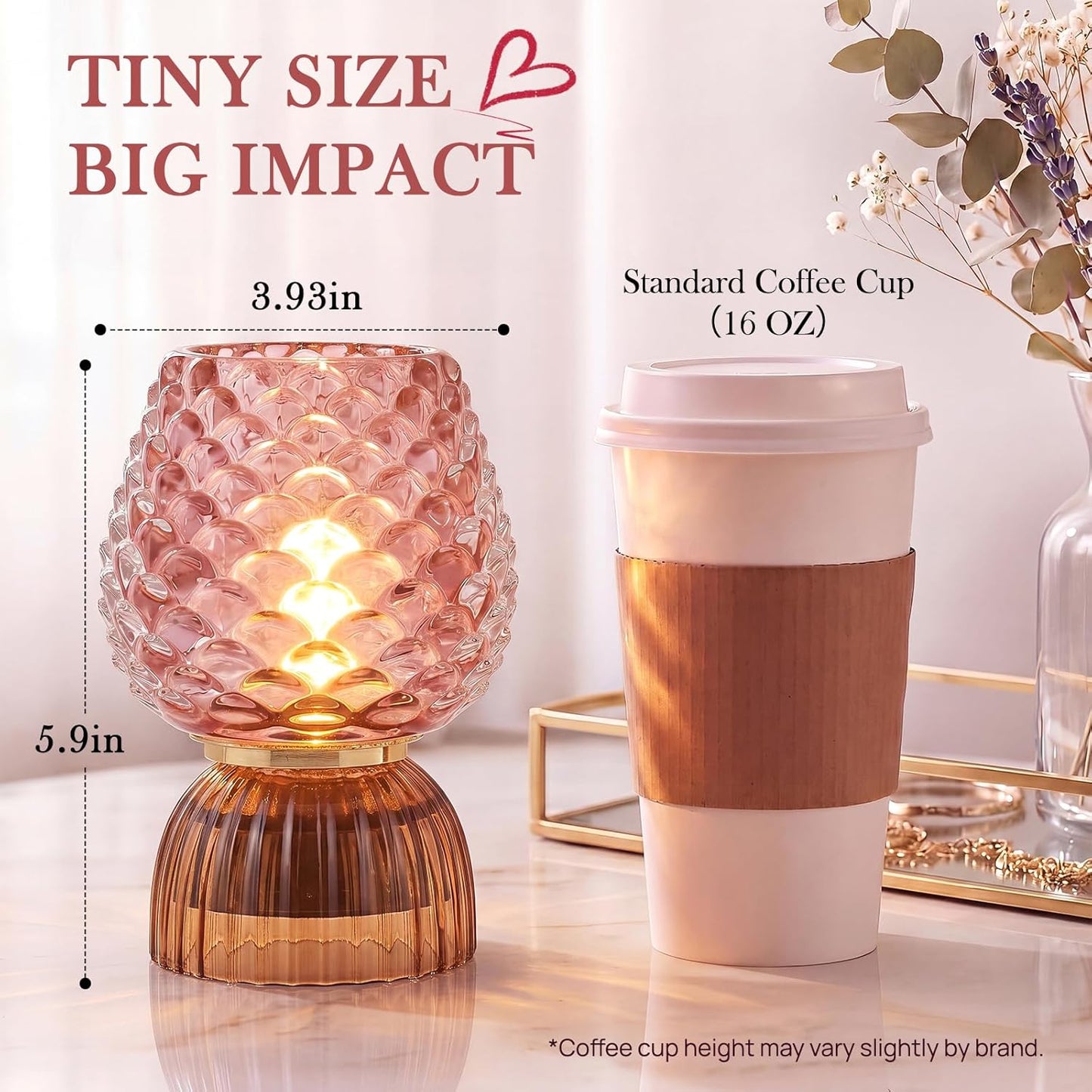 Battery Operated Lamp with Timer, Cute Small Cordless Glass Table Lamp for Home Decor, Kitchen, Bathroom, Birthday Gift for Women, Pinecone, Pink