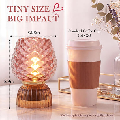 Battery Operated Lamp with Timer, Cute Small Cordless Glass Table Lamp for Home Decor, Kitchen, Bathroom, Birthday Gift for Women, Pinecone, Pink