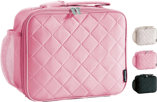 Insulated Lunch Bag - Quilted Lunch Box for Women with Sturdy Handle, Spacious Capacity Lunch Tote with Aluminum Foil Lining 6 Hour Insulation, Easy to Clean Lunch Box, Pink