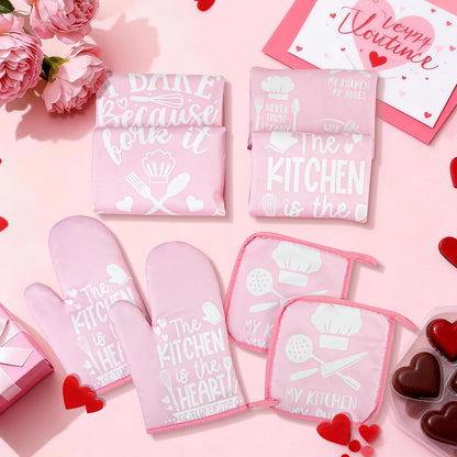 8 Pcs Pink Kitchen Decor Set 4 Pink Kitchen Dish Towels 2 Oven Mitt 2 Pot Holders for Kitchens Cooking Baking Spring Decoration Farmhouse Housewarming Accessories