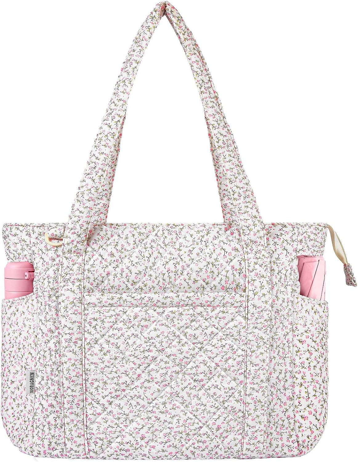 WOBAGMEN Quilted Tote Bag for Women, Floral Quilted Tote Bag with Zipper, Cute Shoulder Bag for Work, Travel, Gym