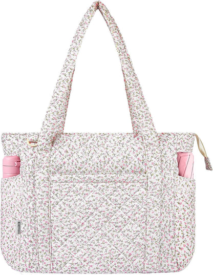 WOBAGMEN Quilted Tote Bag for Women, Floral Quilted Tote Bag with Zipper, Cute Shoulder Bag for Work, Travel, Gym