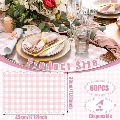 60 Pcs Pink Gingham Paper Placemat Party Supplies Gift Scalloped Table Placemat 17.7 X11.8 Inch Disposable Decorative Paper Mats Bulk for Valentine's Anniversay Baby Shower Wedding Banquet
