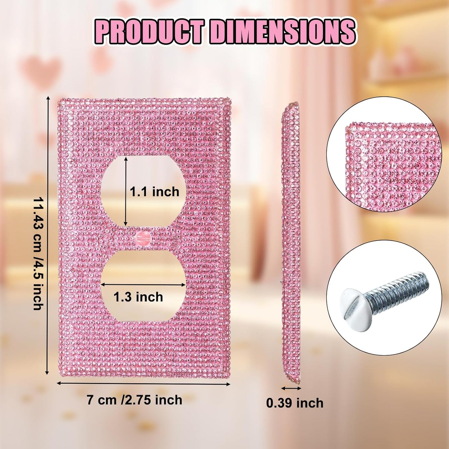 4 Pcs Wall Plate Outlet Cover. Glitter Light Switch Covers,Pink Shiny Rhinestones Preppy Room Decor for Bedroom Accessories Home Decor,Standard Size 4.50" x 2.75"