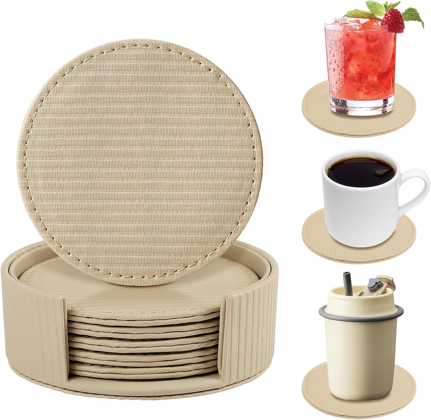Leather Coasters Set of 6 with Holder, Tabletop Protection, Coffee Table & Bar Decoration, Modern-Style Drink Coasters Suitable for Home Dining Tables & Kitchen Accessories (Beige Stripe)