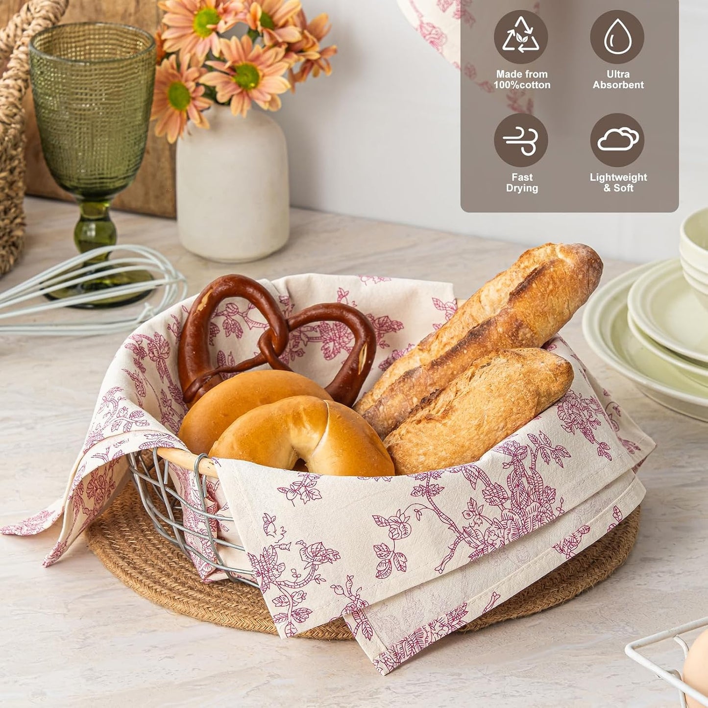 Multi-Purpose French Pastoral Tea Towels Set of 2, Dusty Pink | 100% Organic Cotton Flour Sack Kitchen Towels, 18x25in Absorbent Dish Cloths, Farmhouse Napkins, Decorative Hand Towels Set