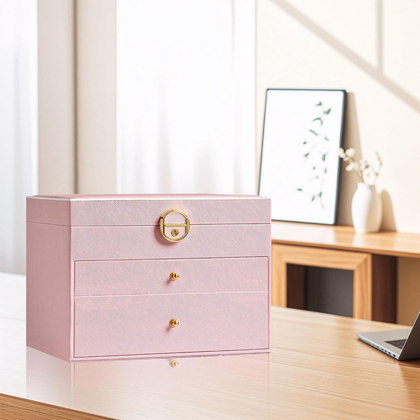 Jewelry Box, 3 Layers Leather Jewelry Storage Display Box for Women, Gift Case, 2 Drawers, Large Capacity for Necklace Earrings Bracelets Rings, Pink