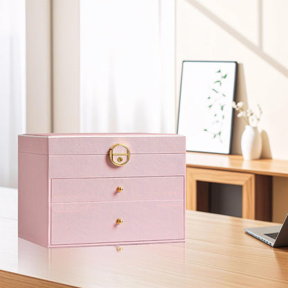 Jewelry Box, 3 Layers Leather Jewelry Storage Display Box for Women, Gift Case, 2 Drawers, Large Capacity for Necklace Earrings Bracelets Rings, Pink