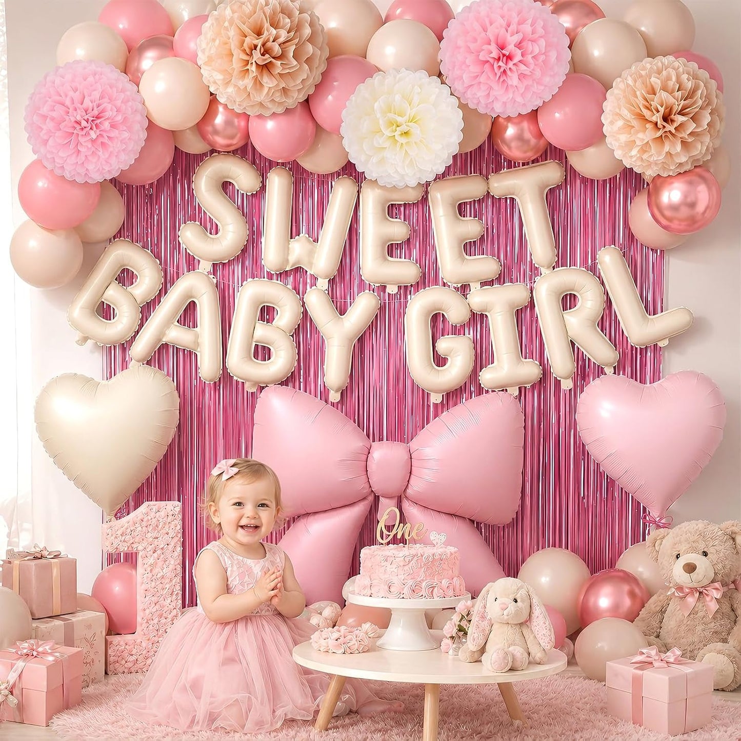 Blush Pink White Baby Shower Decorations, Sweet Baby Girl Foil Banner, Huge Bow Heart Balloons, Fringe Curtains Tissue Pom Poms, Dusty Pink Sand White Balloon Boho Fairy Girl Birthday Party Supplies