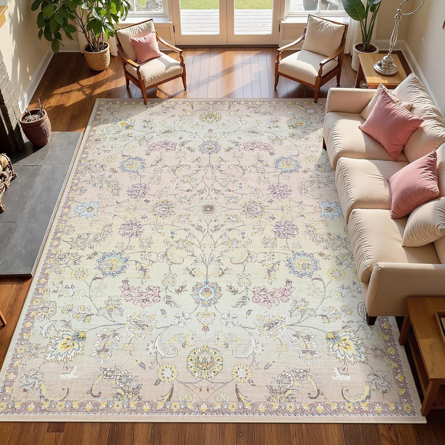 Joydeco Light Pink 5x7 Area Rugs for Bedroom Girls Nursery, Machine Washable Boho Rugs for Living Room Non Slip, Floral Soft Indoor Floor Carpet for Playroom Kids Room Dorm Classroom