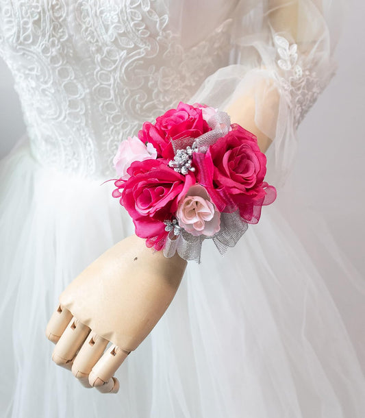 Ansuma Hot Pink Rose Corsage Boutonniere Set Real Touch Flowers for Men and Women, Bride Bridesmaid Groom Fuchsia Wedding Flowers Accessories Prom Party Dinner Dance Anniversary (Fuchsia)