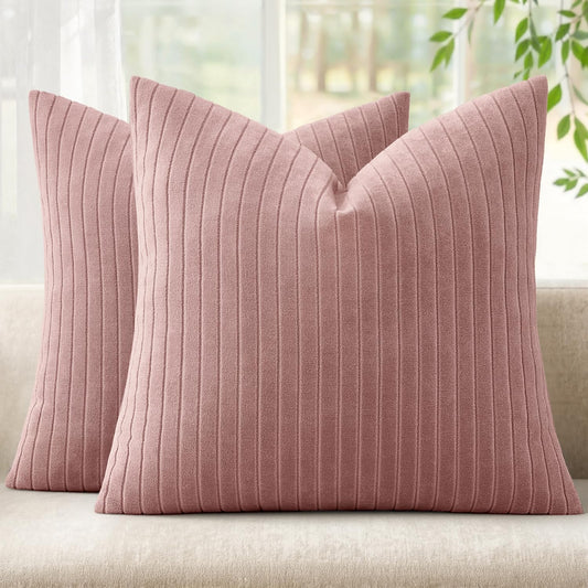 MIULEE Set of 2 Blush Pink Decorative Throw Pillow Covers 18x18 Inch, Thick Soft Textured Striped Cushion Covers, Modern Solid Color Farmhouse Boho Pillow Case for Sofa Couch Bed Living Room