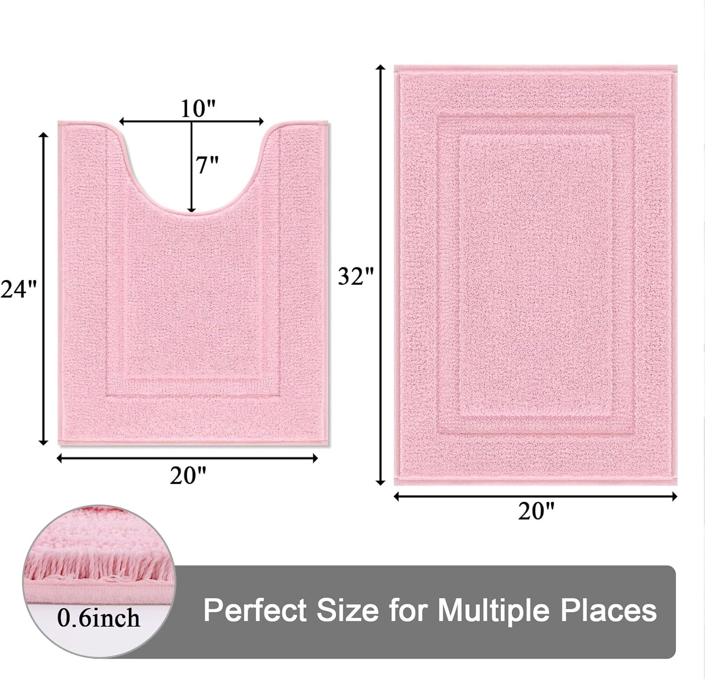 SHACOS 2 Pieces Pink Bathroom Rugs Set with Toilet Rug Soft Fluffy Absorbent 20"x32" Bath Rugs 20"x24" U Shaped Toilet Mat Non Slip Washable Bath Mat Set of 2