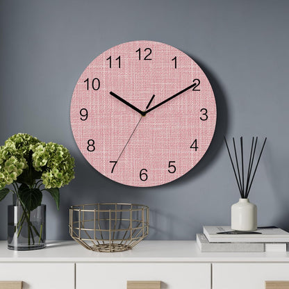 Coral Pink Linen Weave Wall Clock Battery Operated Non-Ticking 12" Round Wood Clocks, Soft Pastel Texture Kitchen Wall Clock for School Bathroom Living Room Home Office Wall Decor