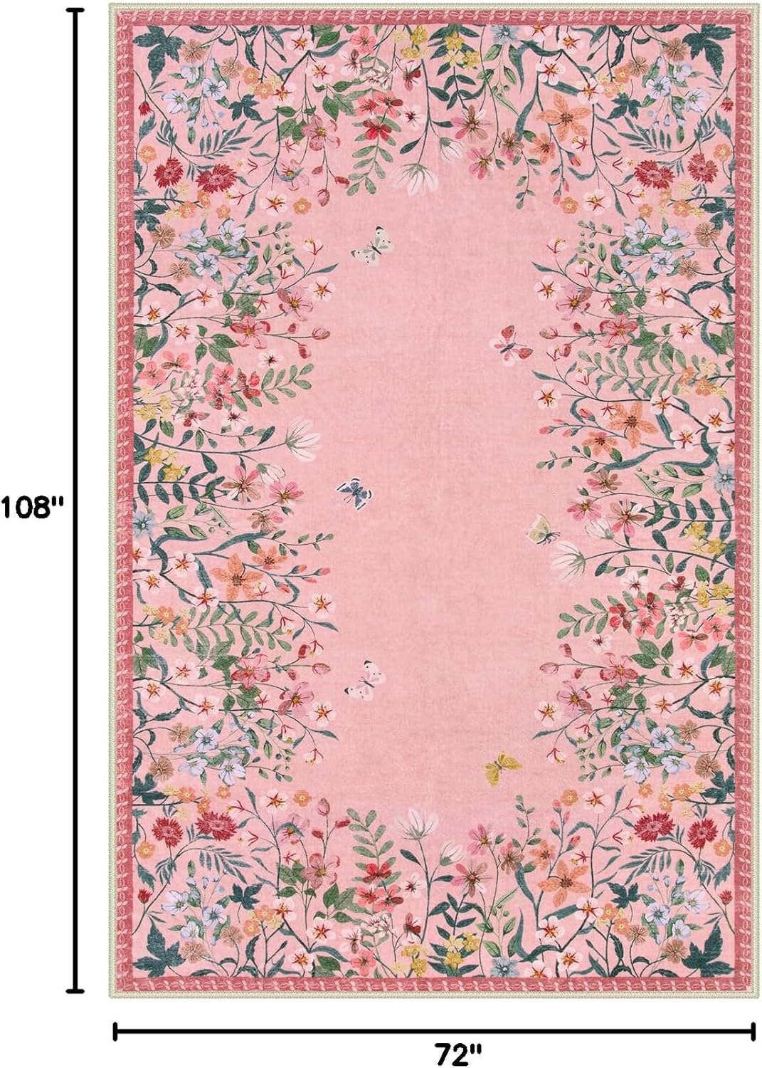 Wonnitar Washable Rug 6x9, Pink Botanical Area Rug for Girls Bedroom, Non-Slip Soft Nursery Kids Room Floral Rug Thin Throw Carpet for Dorm Living Room Decor (Pink,6'x9')