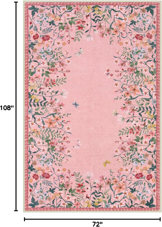 Wonnitar Washable Rug 6x9, Pink Botanical Area Rug for Girls Bedroom, Non-Slip Soft Nursery Kids Room Floral Rug Thin Throw Carpet for Dorm Living Room Decor (Pink,6'x9')
