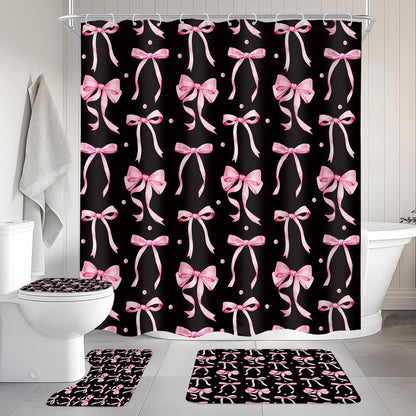 4Pcs Black Pink Bow Shower Curtain Set, Retro Coquette Vintage Girly Preppy Cute Fashion Pretty Sweet Bathroom Curtain with Rug, Toilet Lid Cover, Bath Mat, Girls Shower Curtain with 12 Hooks