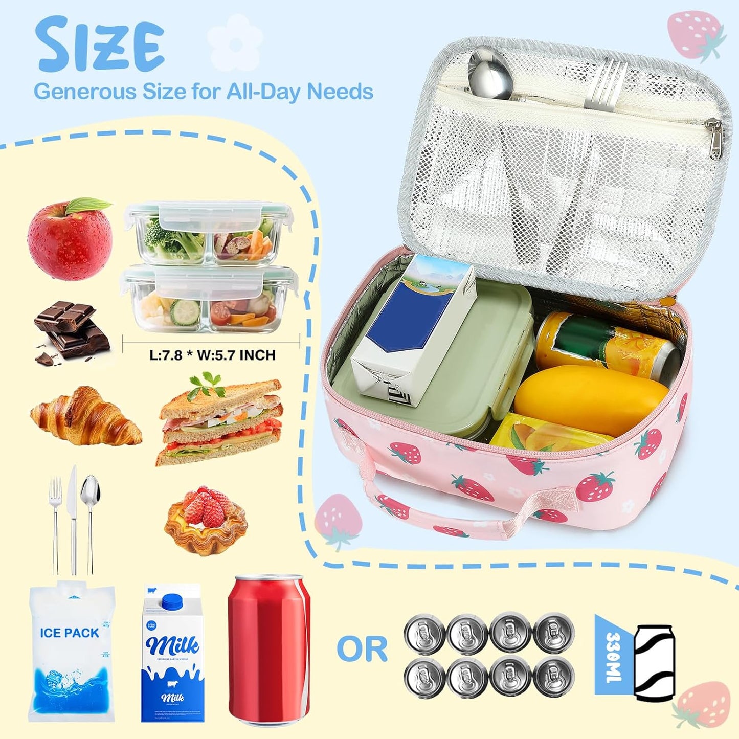 CAMTOP Lunch Box Kids Boys Girls Insulated Lunch Cooler Bag Reusable Lunch Tote Kit for School Travel (Pink Strawberry)