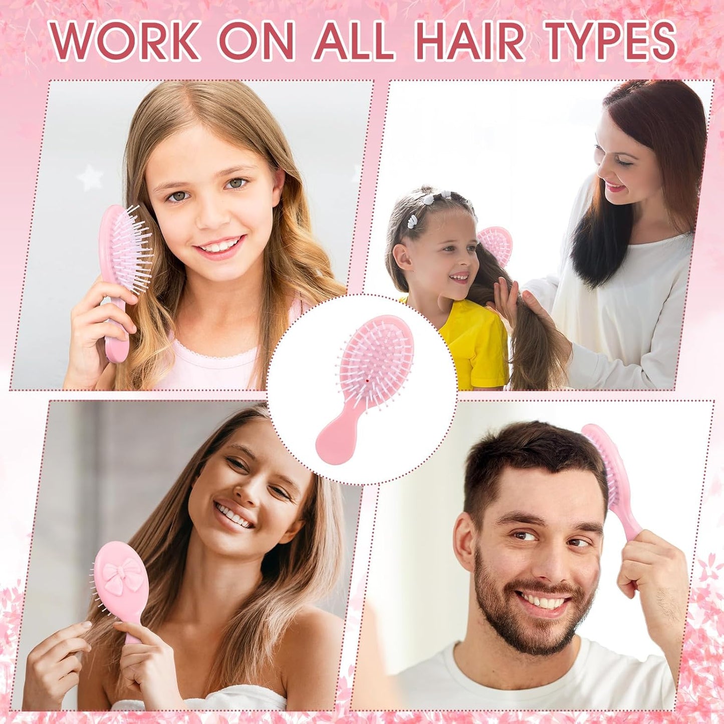 Meanplan 6 Pcs Mini Hair Brush Bulk with Bow Travel Detangling Brush for Wet & Dry Hair Coquette Travel Hairbrush Set for Bridesmaid Party Favors Gift(Pink)