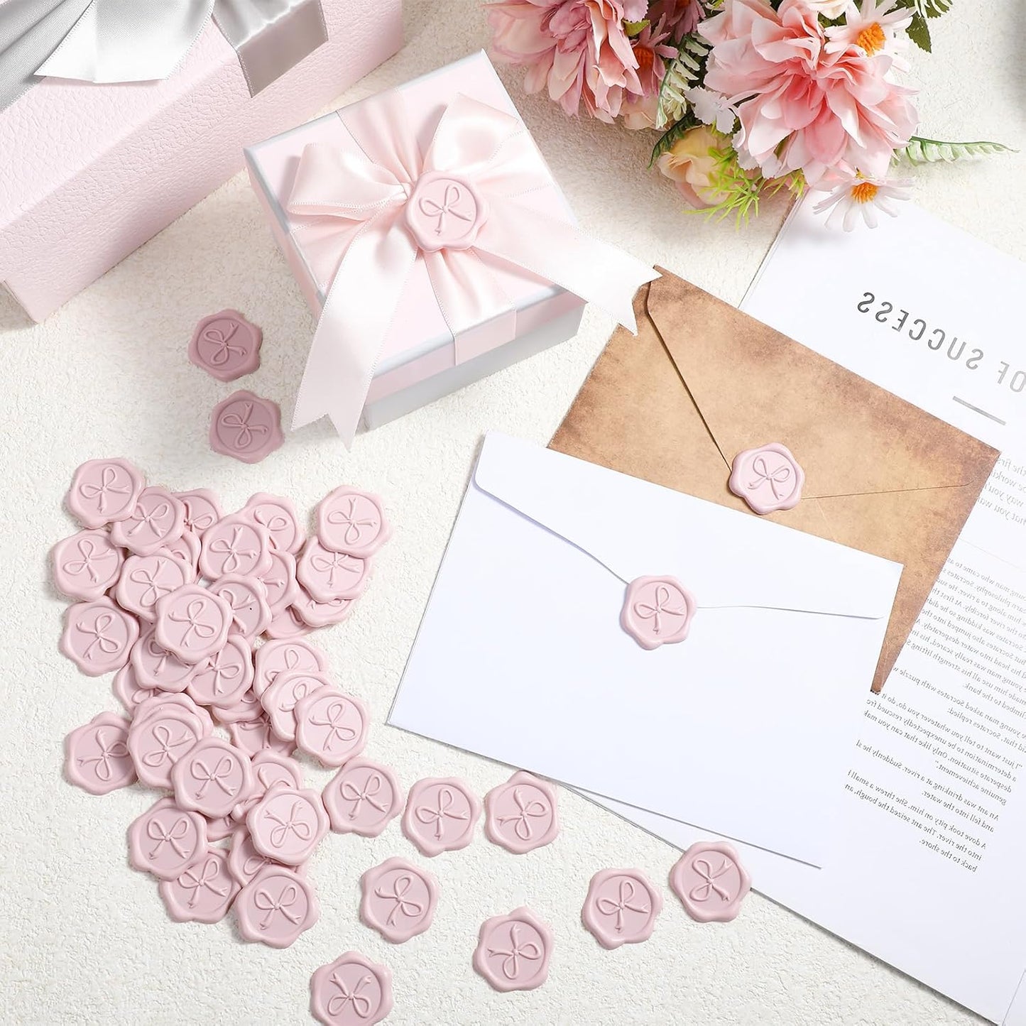 50pcs Wax Seal Stickers, Bow Envelope Seal Stickers, 3D Adhesive Antique Wax Stamp Sticker Decals for Invitation Baby Shower Greeting Cards Gift Wrapping(Pink)