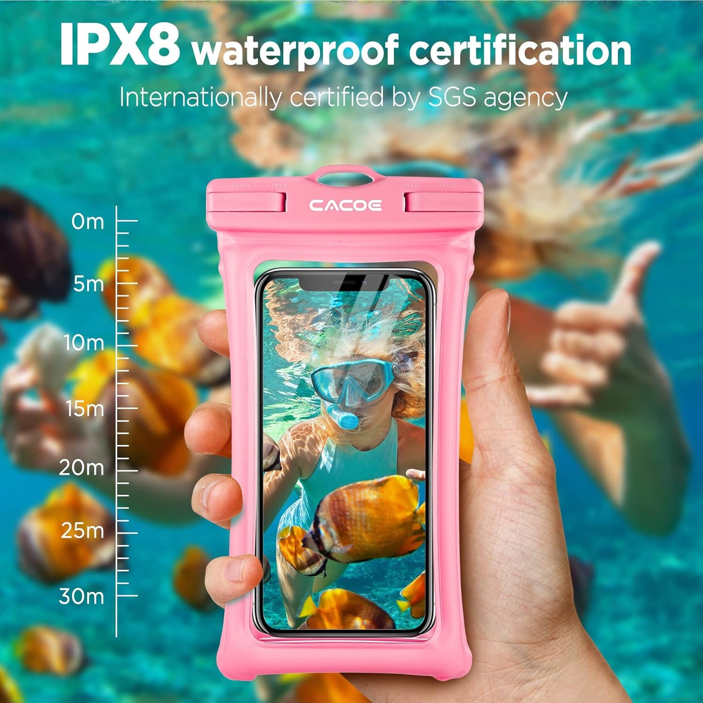 CACOE Floatable Waterproof Phone Pouch 2 Pack Up to 7.0",Black+Pink | Floatable, IPX8 Waterproof Phone Case,Adjustable Lanyard,Dry Bags for Beach/Cruise/Travel/Camping/Kayak/Vacation Essentials