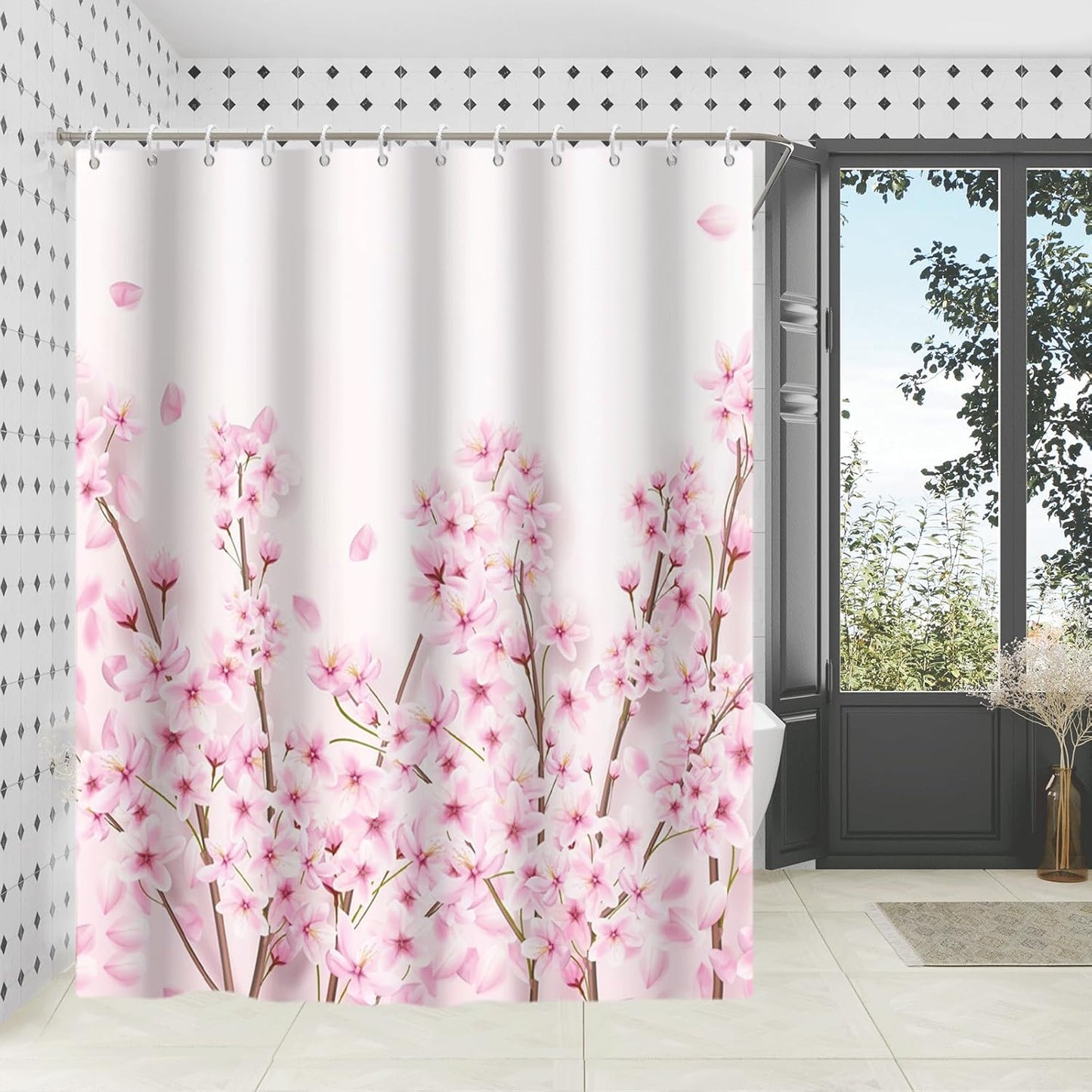 Spring Flowers Shower Curtains Pink Cherry Blossom Shower Curtain Set Japanese Sakura Floral Decorative Bath Curtain for Bathroom Decor Waterproof Polyester with Hooks, 72x72in