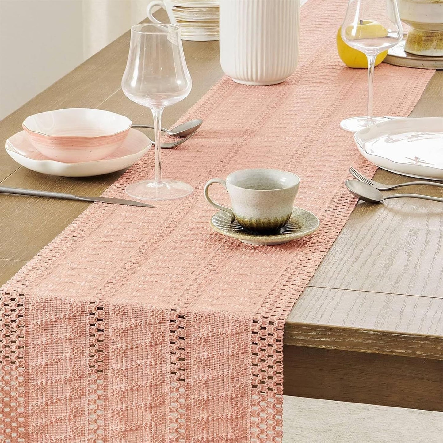 Niviy Boho Table Runner for Pink Tassel Home Decor 72 Inches Long, Rustic Macrame Cotton Linen Woven Coffee Table Runners for Wedding Party Baby Shower Dining Table Decoration, Pink