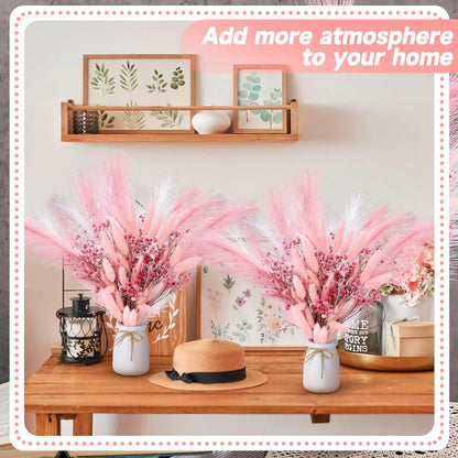 Geelin 2 Set Pink Flowers Artificial Faux Pampas Grass Gypsophila Decor Silk Pink Bunny Tails Dried and Baby Breath Flowers with White Vase Bouquets for Home Wedding Coquette Party Table Centerpieces