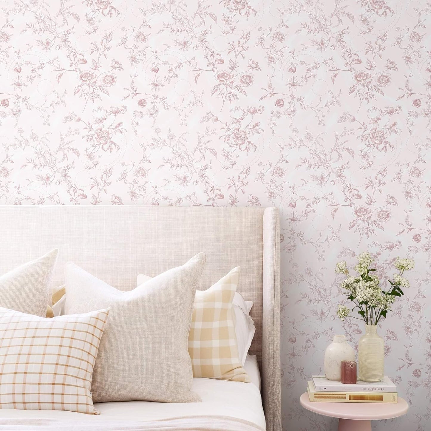 Ismoon Peel and Stick Wallpaper Floral Pink Stick on Wall Paper Vintage French Contact Paper for Cabinet Textured Removable Self Adhesive Wallpaper Vinyl Roll Shelf Deco, 17.3x78.7in