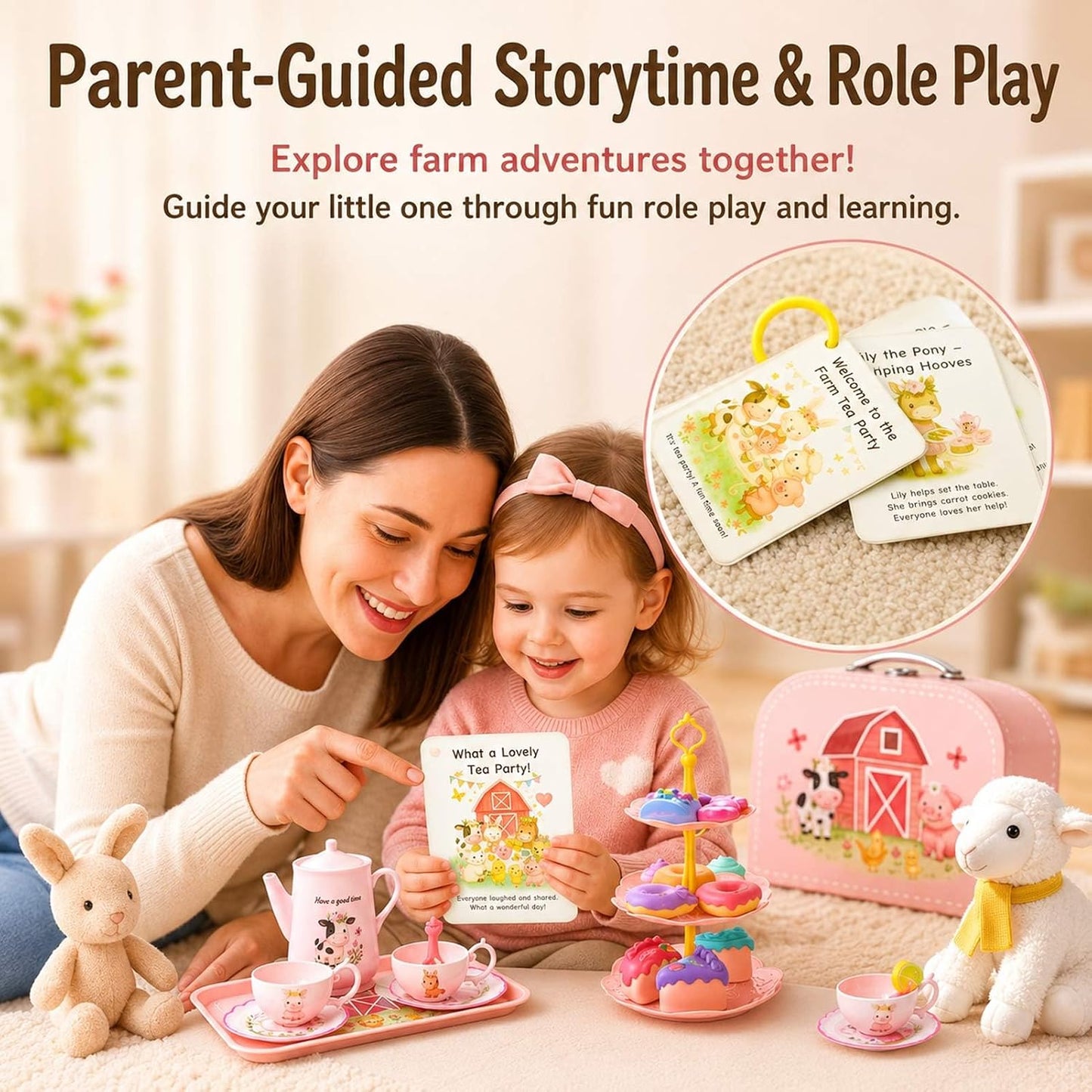 Lajeje Pink Barn Tea Party Set for Little Girls, 47PCS Farm Animal Pretend Play Tea Time Kit, Tea Sets for Toddlers 3-5 with Teapot & Story Cards, Carry Case Girls Birthday Gift, Easter Basket Stuffer