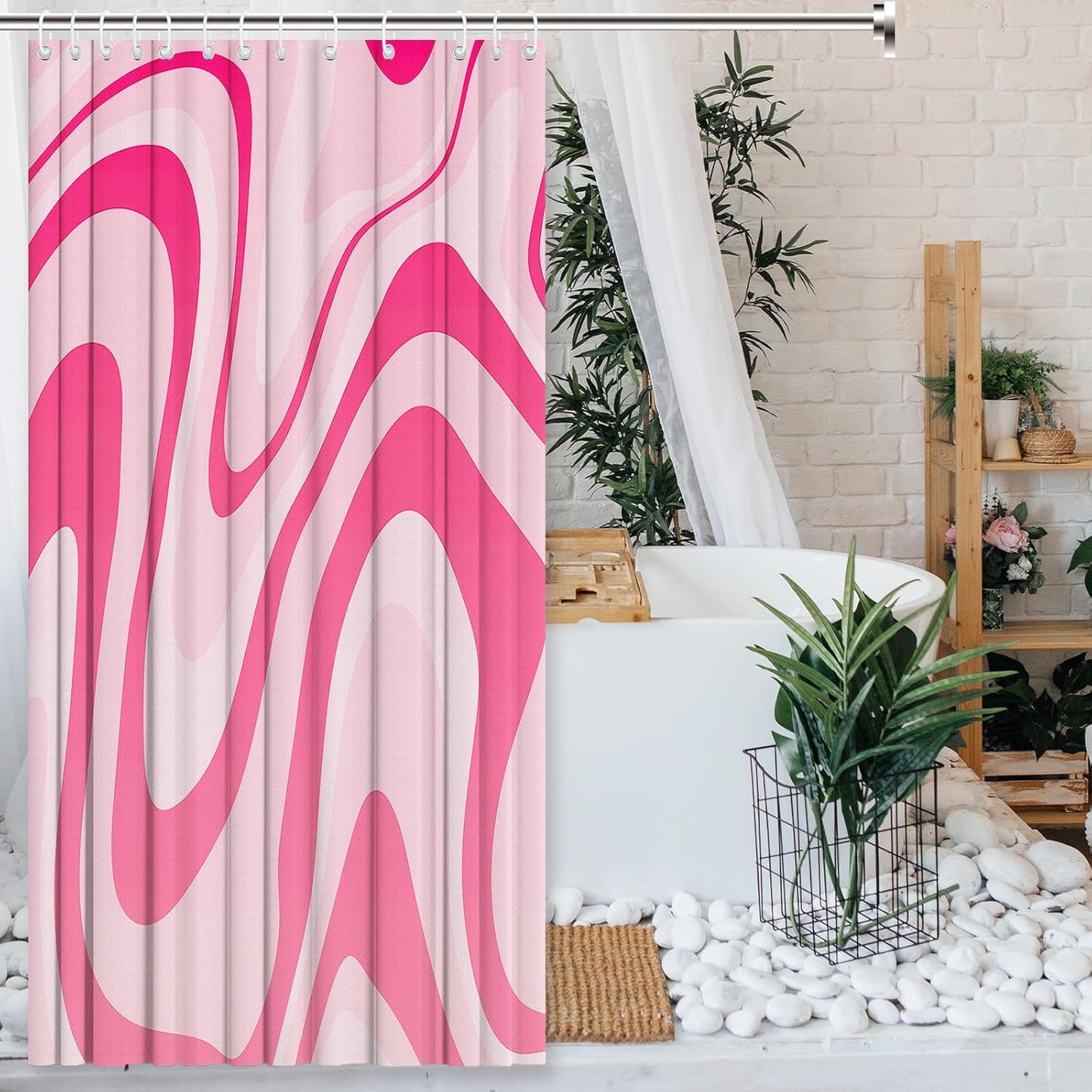 Fiodrimy Pink Shower Curtain Cute Preppy Aesthetic 70S 80S Abstract Wavy Swirl Shower Curtain with 12 Hooks, Groovy Teen Girls Bathroom Accessories 72 * 72 Inches, Pink