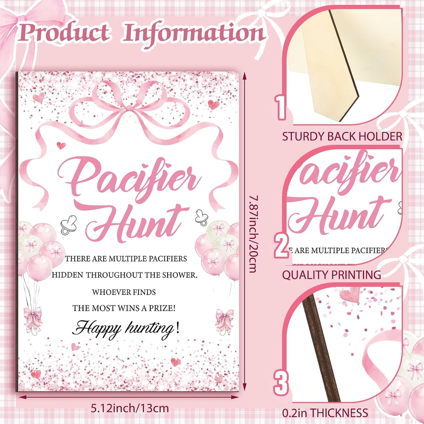 Thyle 51 Pcs Pink Bow Pacifier Hunt Baby Shower Games Include Hunt Sign and 50 Acrylic Pacifiers Coquette Bow Themed Baby Shower Game Decoration Gift Sets for Girls Gender Reveal Party Decor